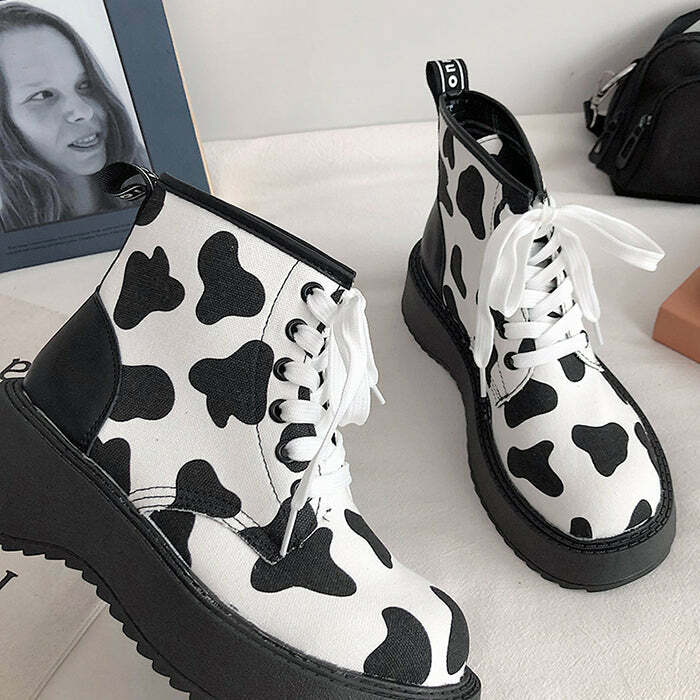 Y2K Fashion Cow Print Boots: Trendy 2000s Style Footwear for Women