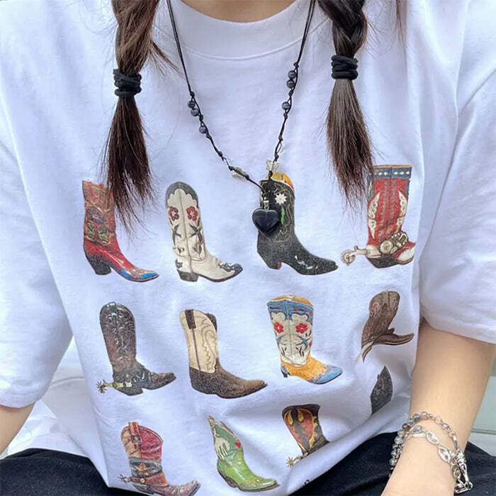 Y2K Fashion Cowboy Boots Graphic Tee - Trendy 2000s Style Top