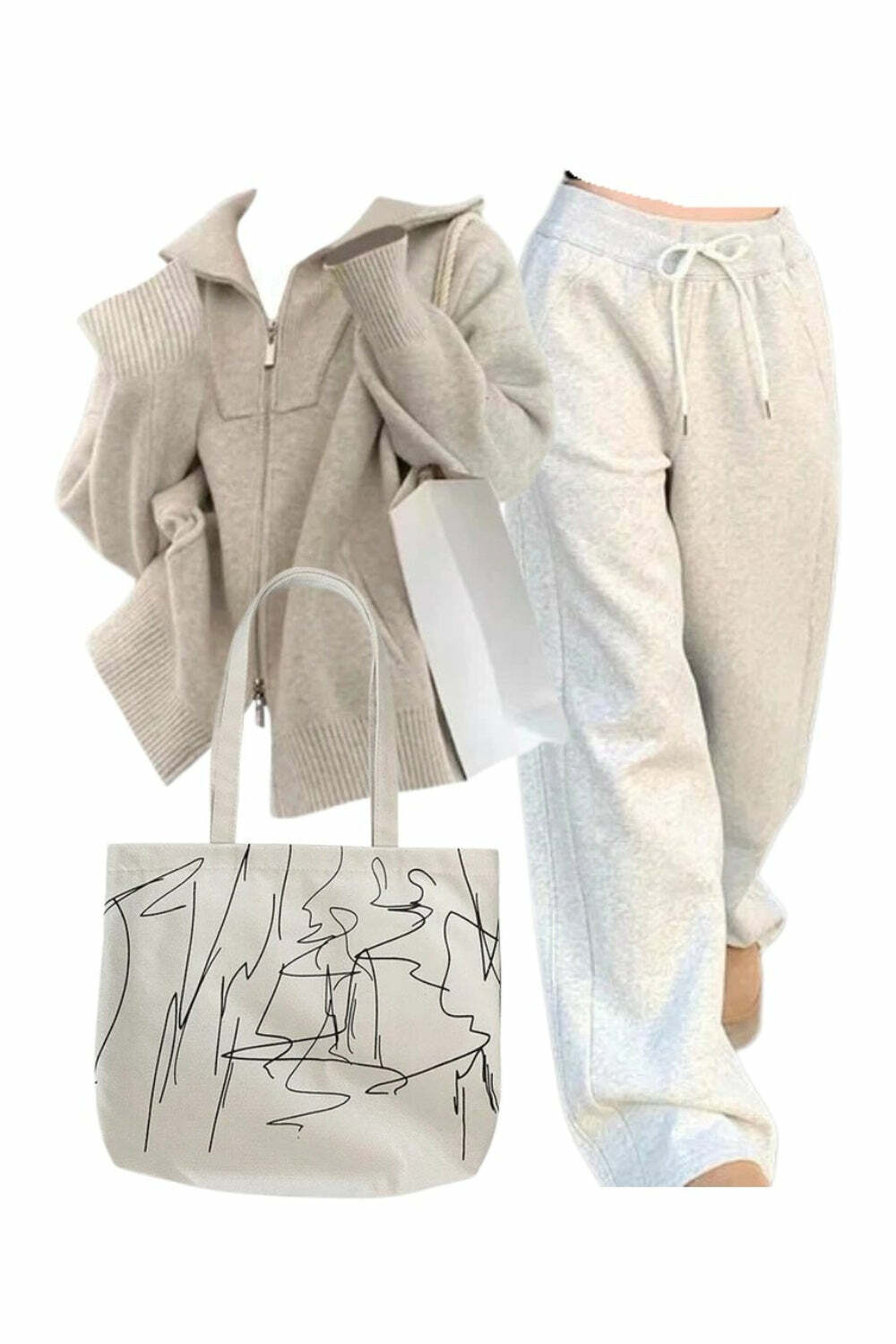 Y2K Fashion Cozy Neutral Zip-Up Sweater & Vintage Gray Jogging Pants Set