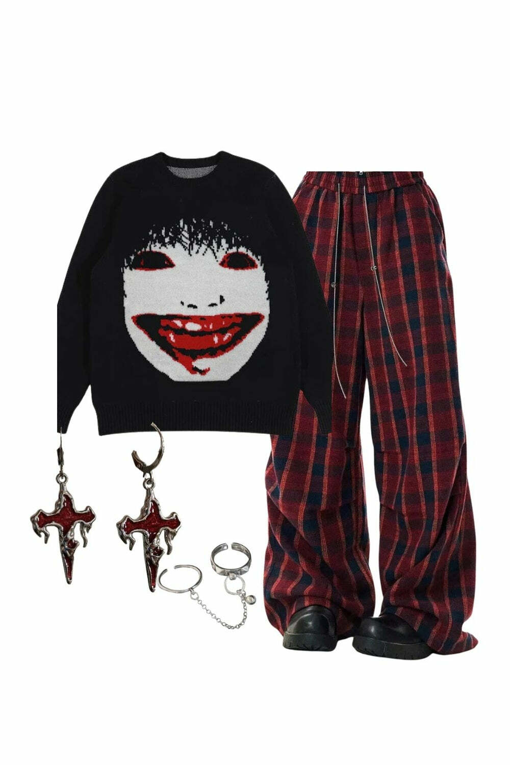 Y2K Fashion: Creepy Smile Knit Sweater & Classic Plaid Baggy Pants Set