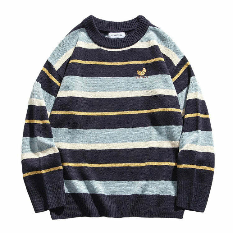 Y2K Fashion Croissant Embroidery Striped Pullover - 2000s Style Top