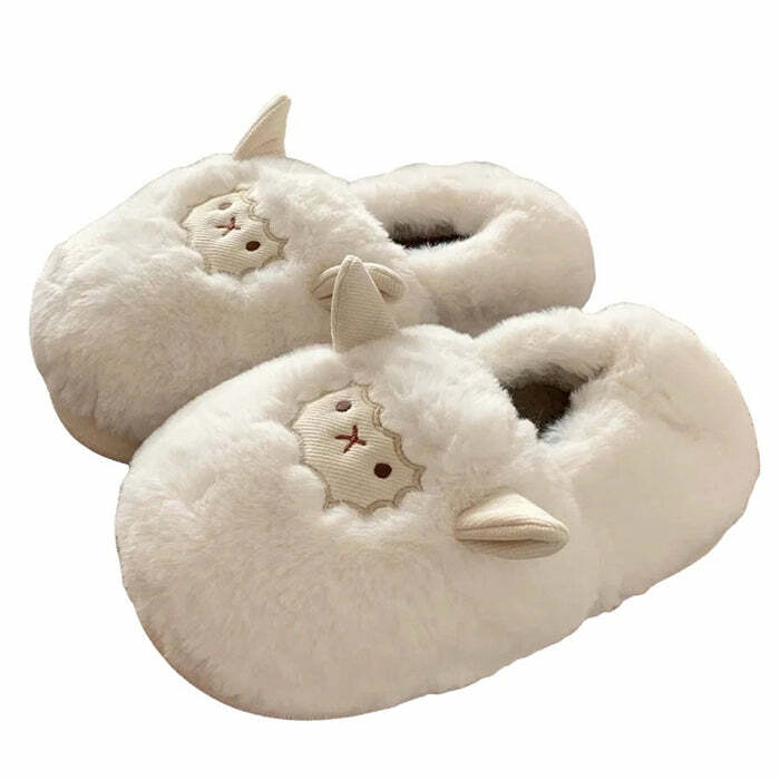 Y2K Fashion Cute Lamb Fluffy Slippers - Cozy 2000s Style Footwear