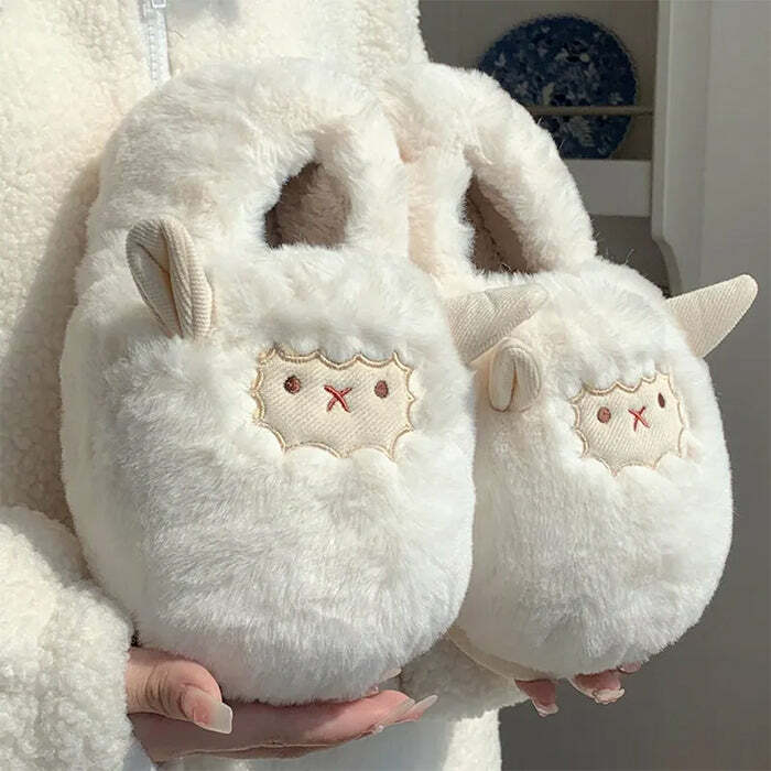 Y2K Fashion Cute Lamb Fluffy Slippers - Cozy 2000s Style Footwear