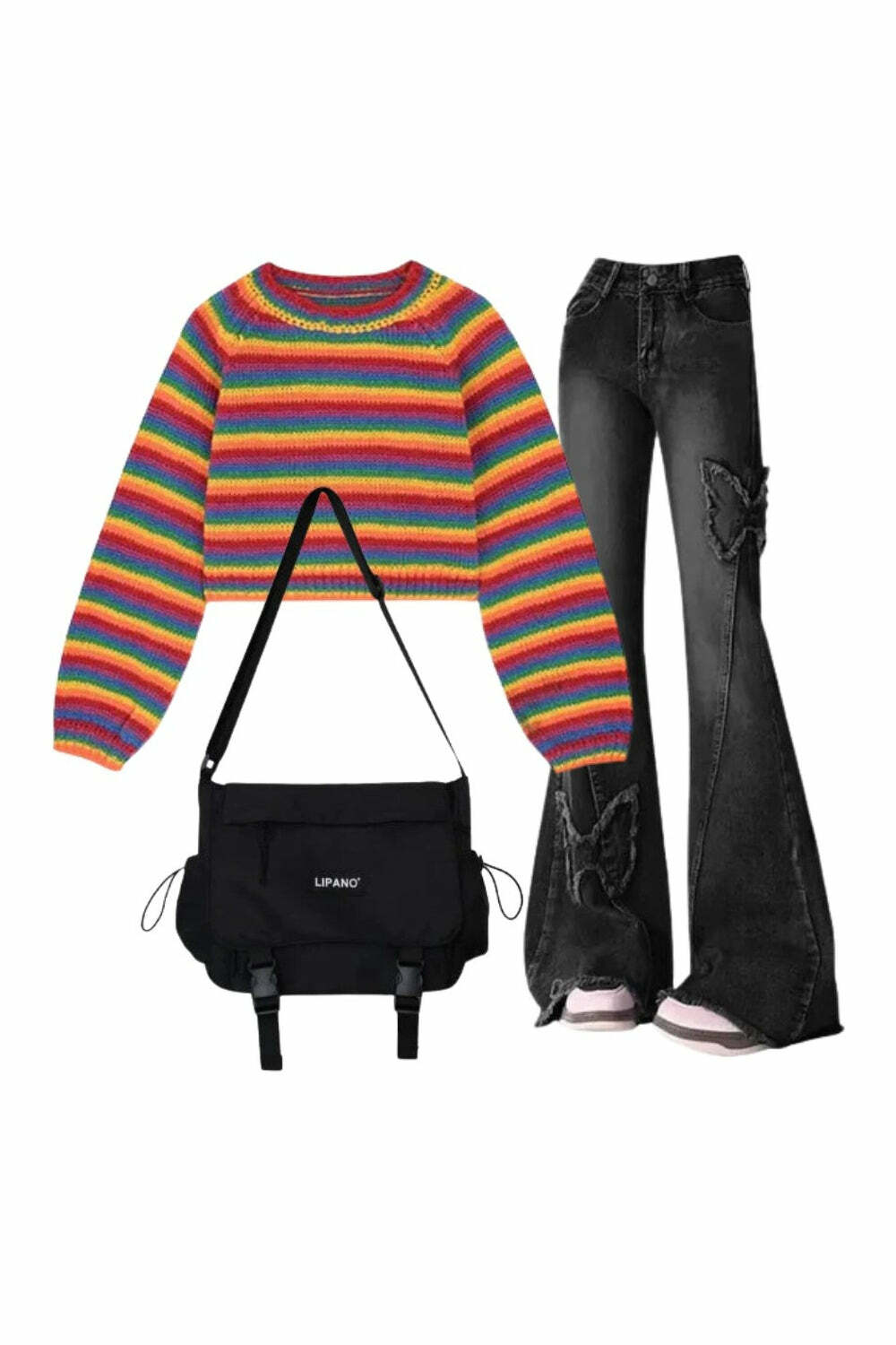 Y2K Fashion: Dark Butterfly Flare Jeans & Rainbow Stripes Cropped Sweater Set