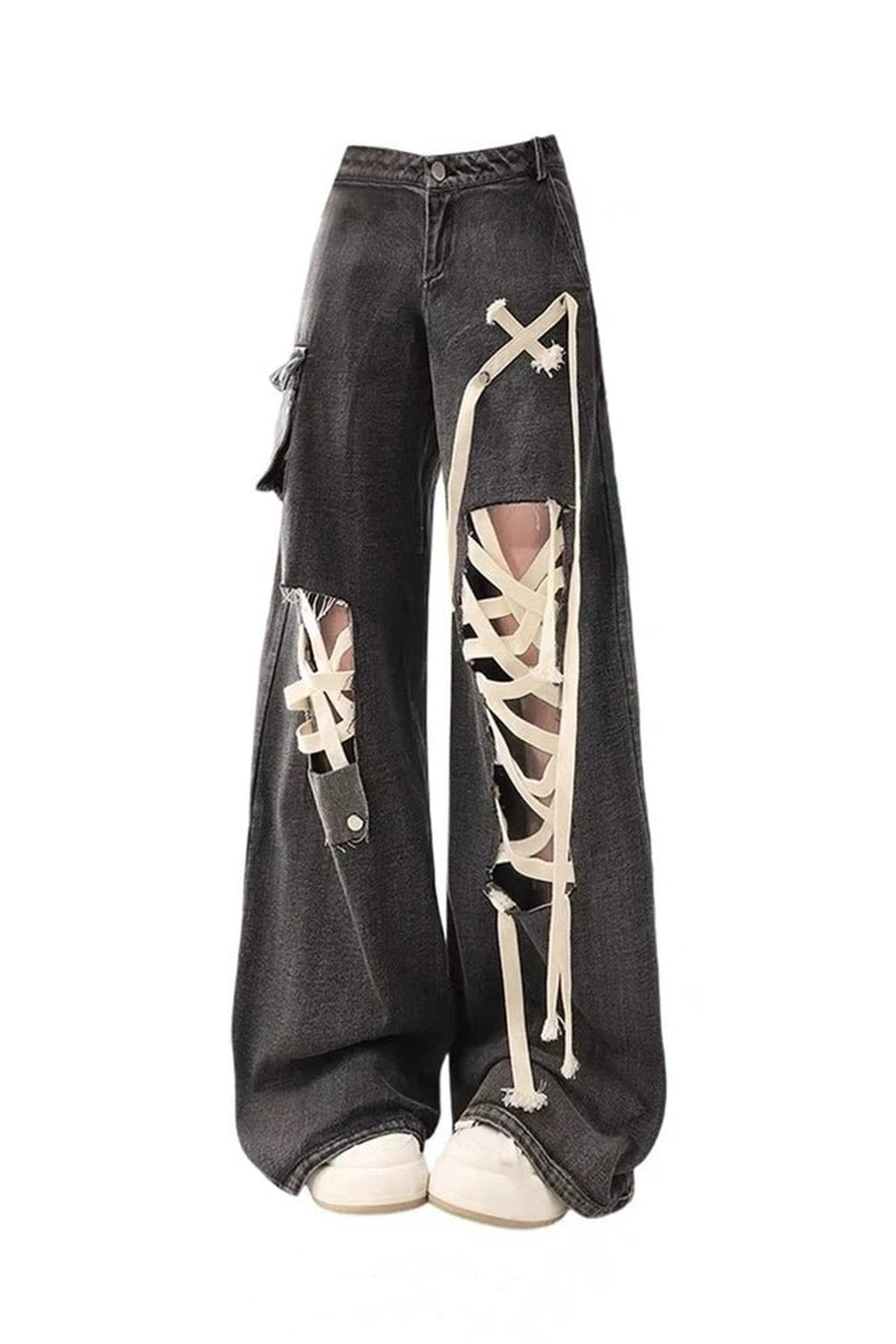 Y2K Fashion Dark Lace-Up Skeleton Pants - Trendy 2000s Style Outfit