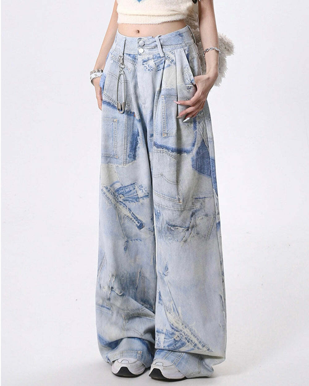 Y2K Fashion Denim Effect Print Trousers - Trendy 2000s Style Pants