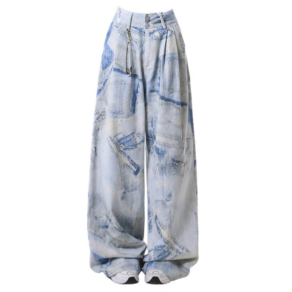 Y2K Fashion Denim Effect Print Trousers - Trendy 2000s Style Pants