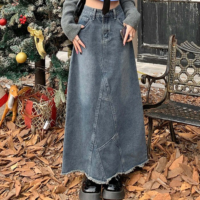 Y2K Fashion Denim Long Skirt - 2000s Style Aesthetic Outfit