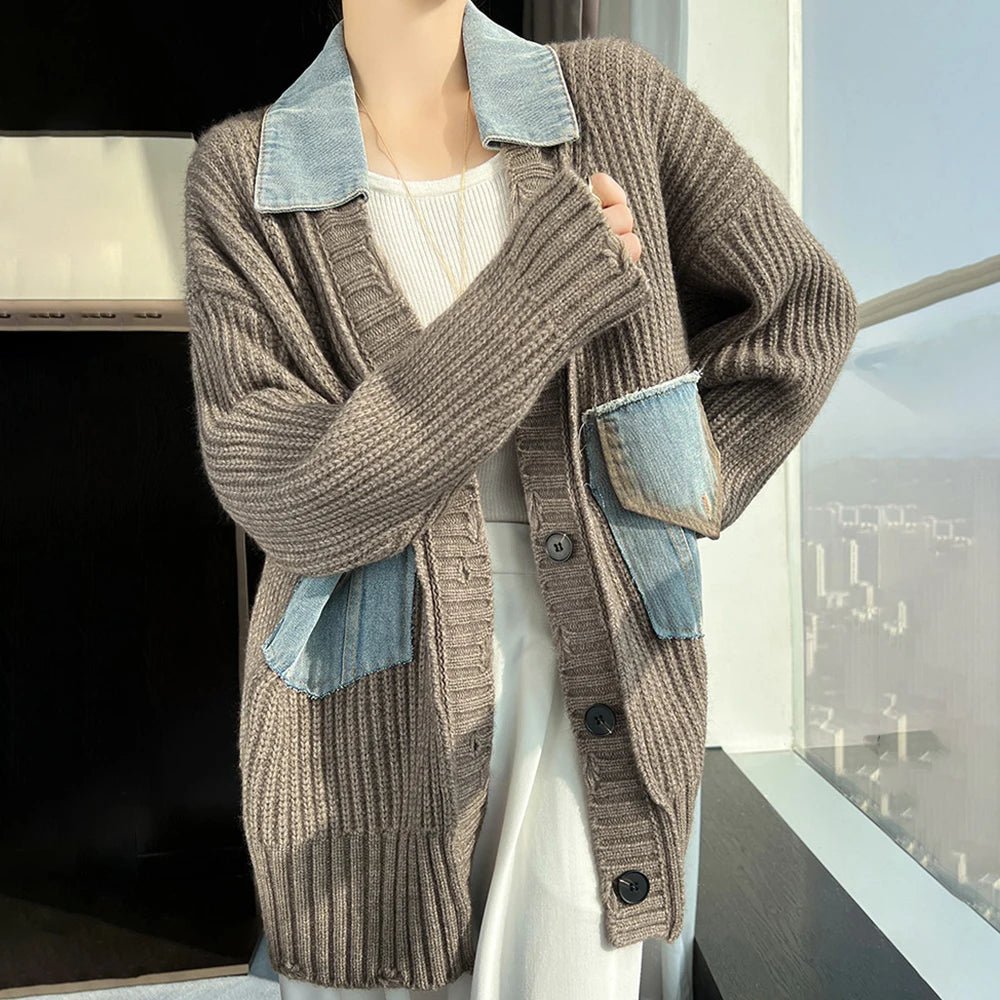 Y2K Fashion Denim Patchwork Grandpa Cardigan - Retro 2000s Style