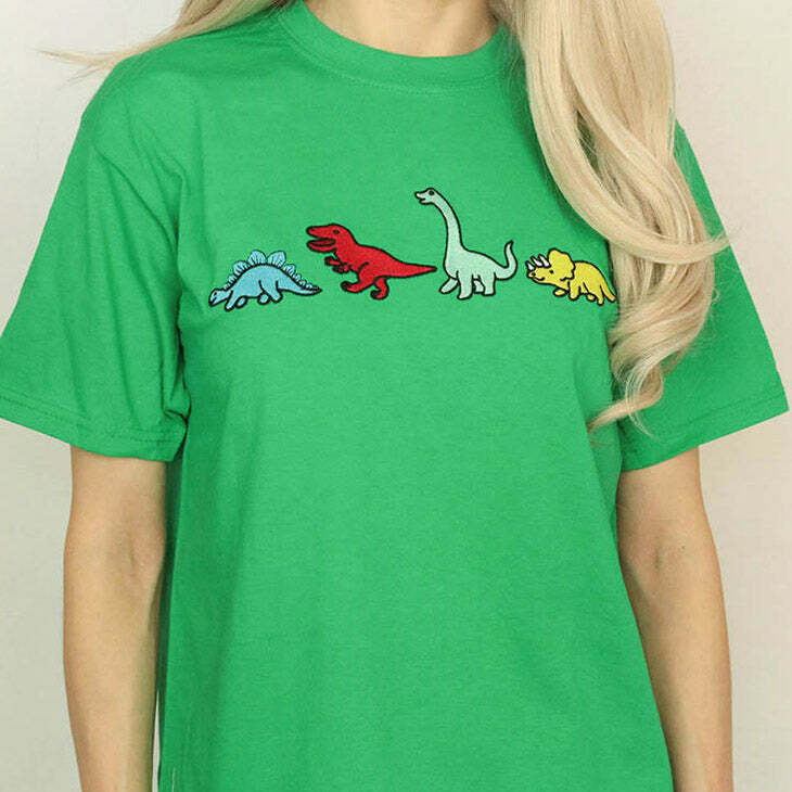 Y2K Fashion Dinosaur Family T-Shirt - Trendy 2000s Style, Size M