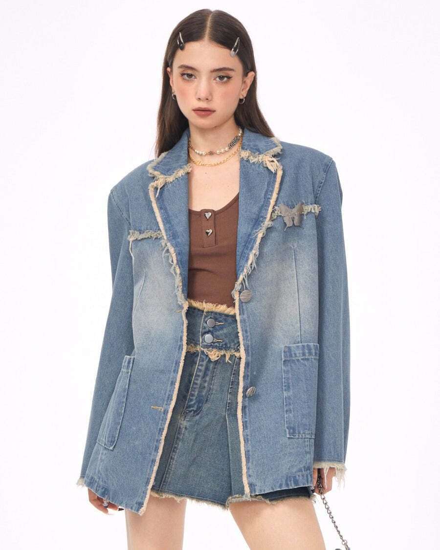 Y2K Fashion Distressed Denim Blazer in Blue - Retro 2000s Style