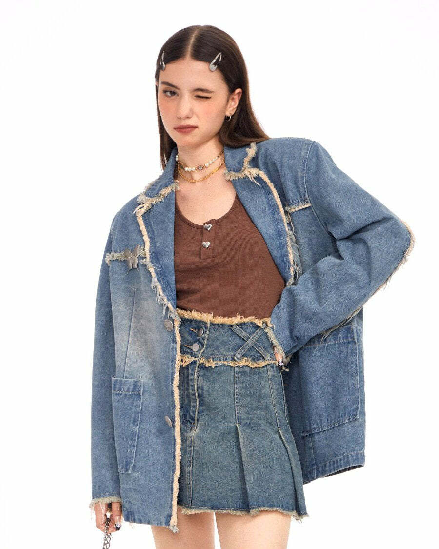 Y2K Fashion Distressed Denim Blazer in Blue - Retro 2000s Style