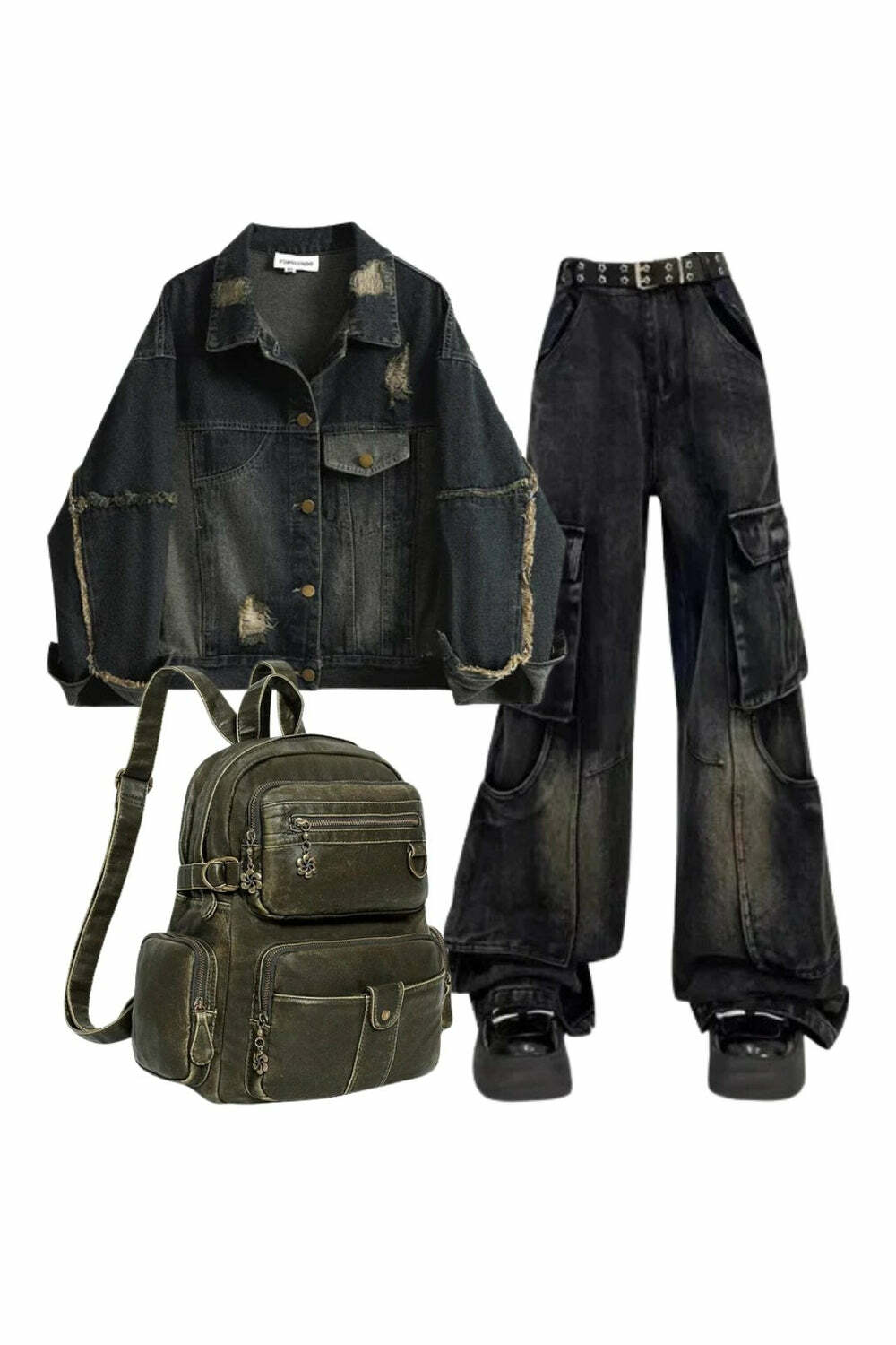 Y2K Fashion: Distressed Denim Jacket, Gothic Cargo Flare Jeans & Vintage Backpack