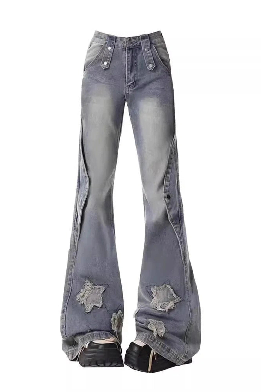 Y2K Fashion Distressed Star Flare Jeans - Trendy 2000s Style Outfit