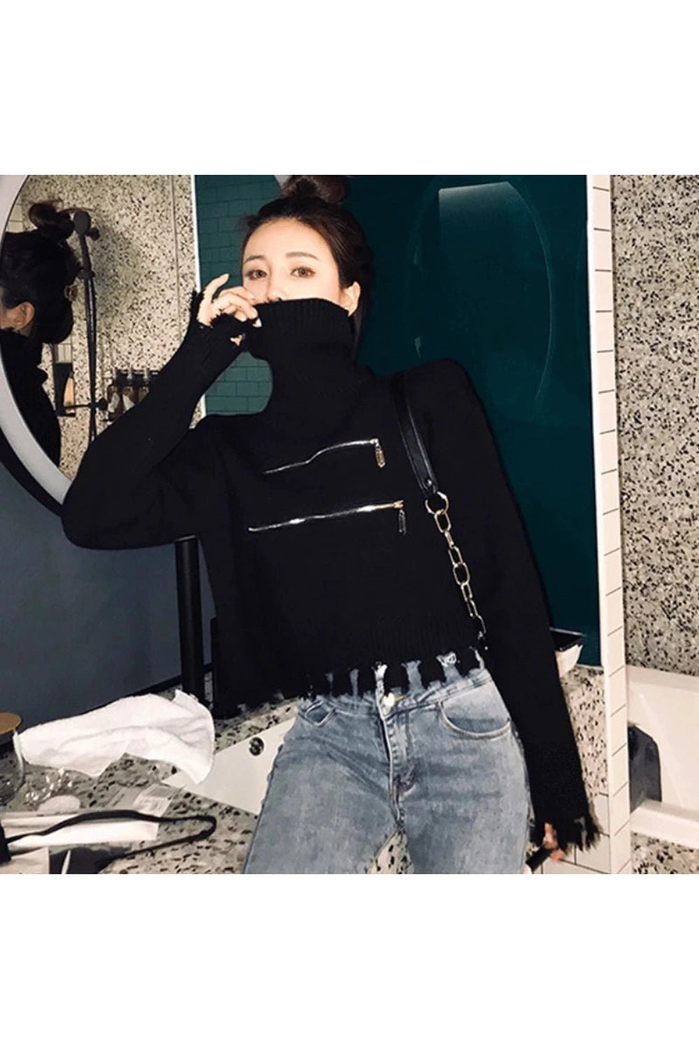 Y2K Fashion Distressed Turtleneck Zip-Up Sweater - 2000s Style Essential