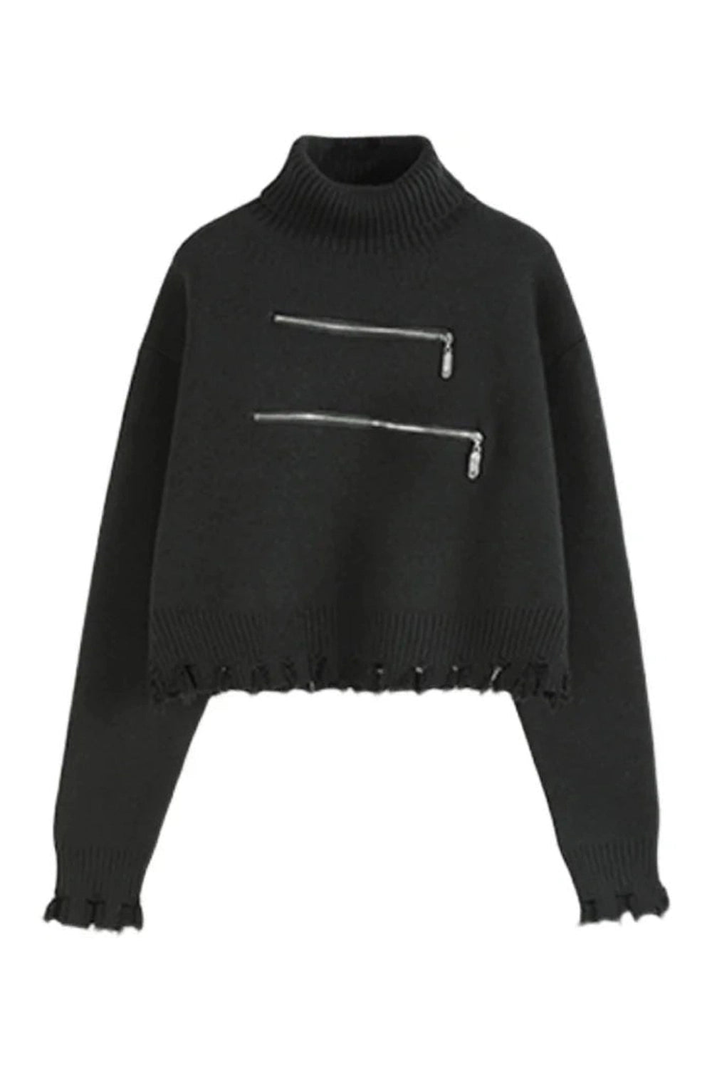 Y2K Fashion Distressed Turtleneck Zip-Up Sweater - 2000s Style Essential