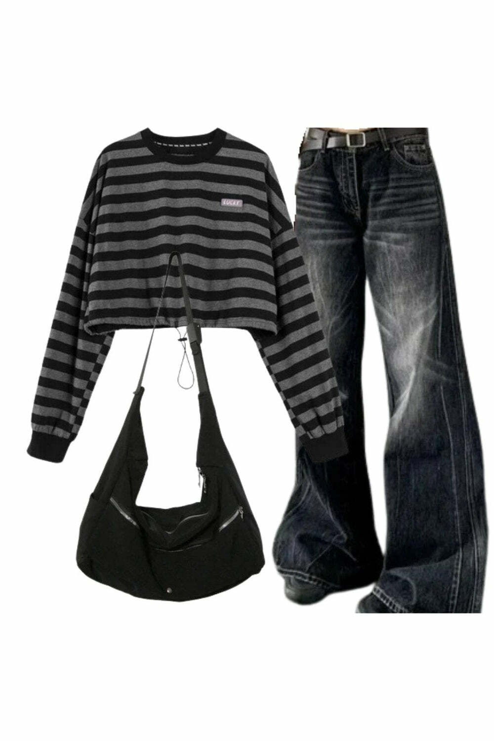 Y2K Fashion: Distressed Vintage Wide-Leg Jeans & Striped Sweatshirt Set