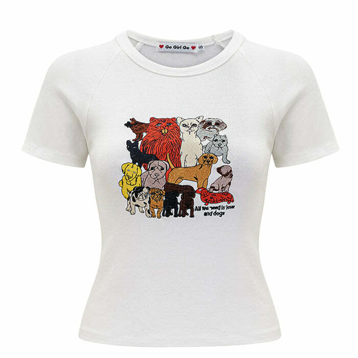 Y2K Fashion Dogs Embroidery Graphic Tee - 2000s Style Aesthetic Top