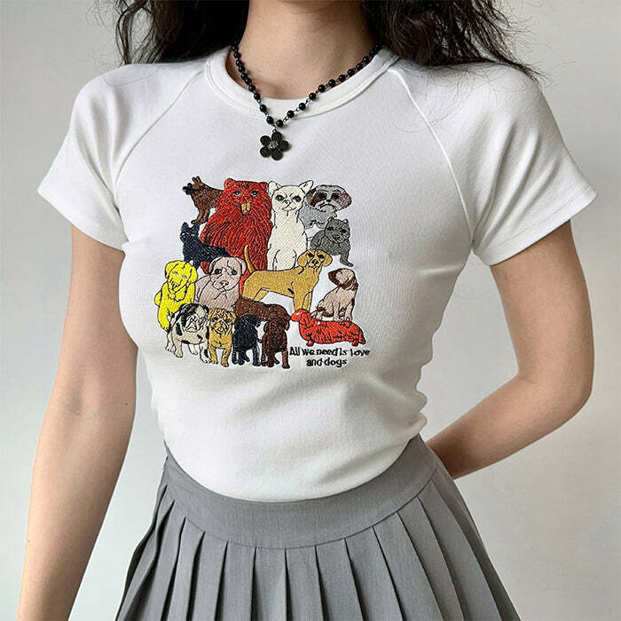 Y2K Fashion Dogs Embroidery Graphic Tee - 2000s Style Aesthetic Top