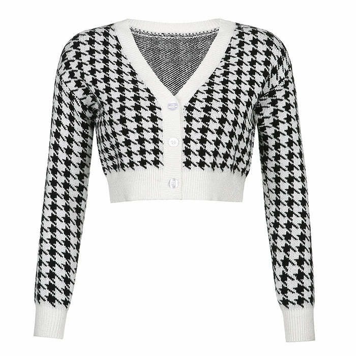 Y2K Fashion Dogtooth Check Crop Cardigan - Trendy 2000s Style Top