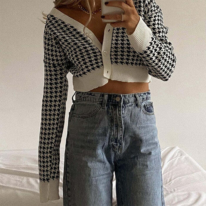 Y2K Fashion Dogtooth Check Crop Cardigan - Trendy 2000s Style Top