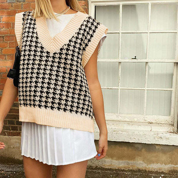 Y2K Fashion Dogtooth Check Vest: Trendy 2000s Style for Modern Looks