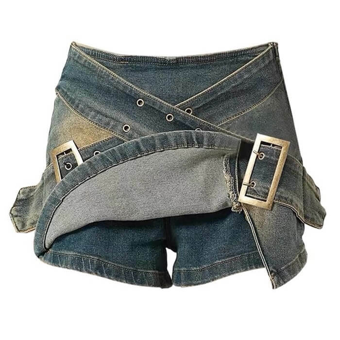 Y2K Fashion Double Buckle Denim Mini Skirt - Trendy 2000s Style