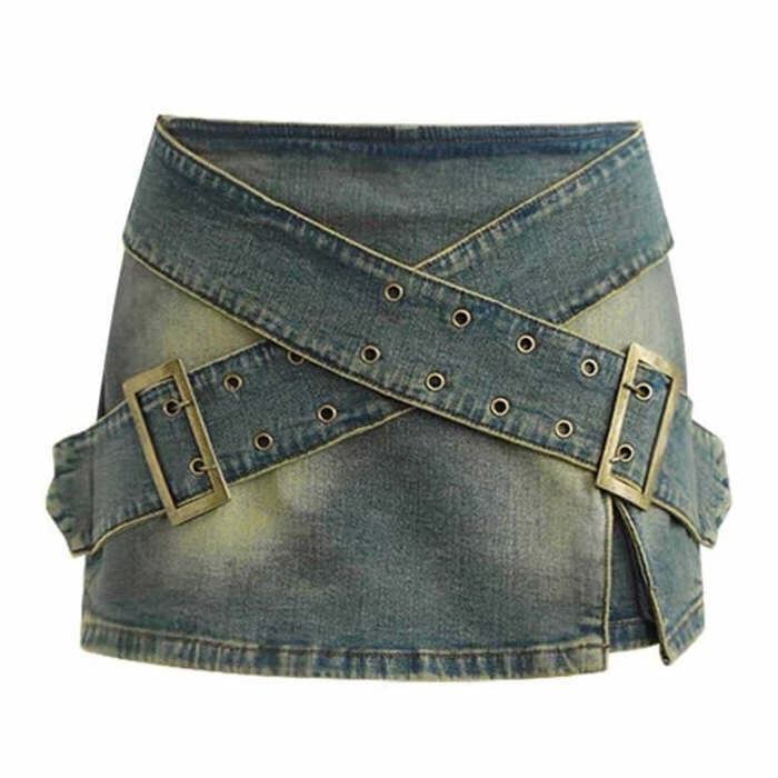 Y2K Fashion Double Buckle Denim Mini Skirt - Trendy 2000s Style