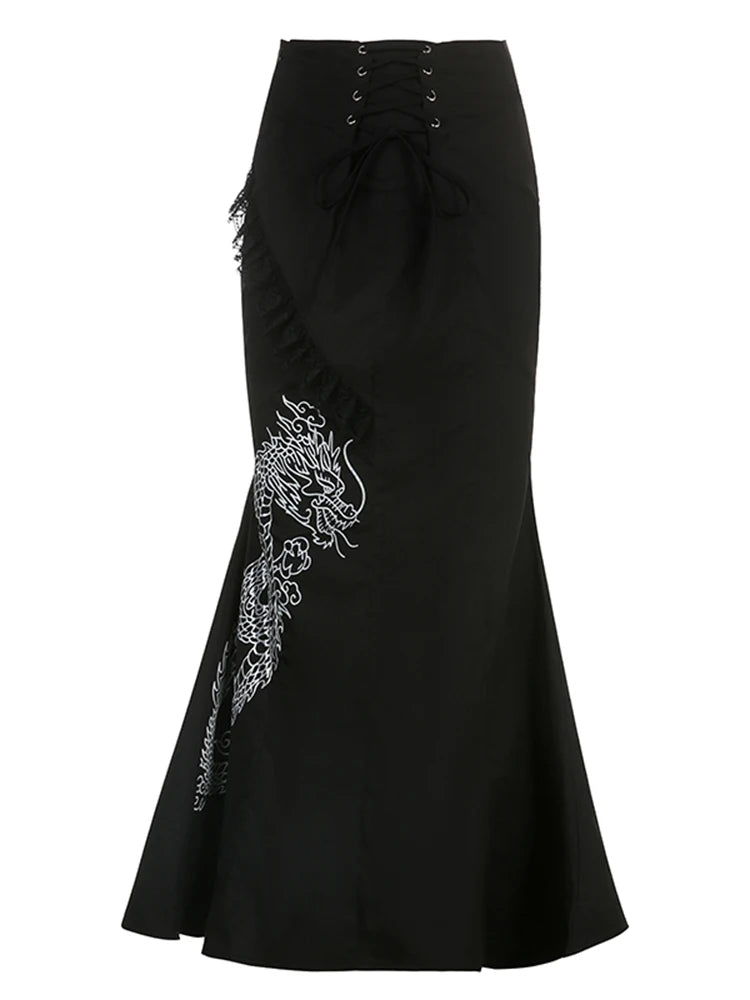 Y2K Fashion Dragon Embroidered Gothic Maxi Skirt - 2000s Style Essential