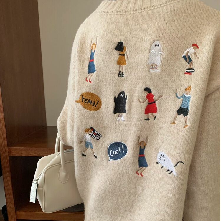 Y2K Fashion Embroidered Back Oversized Sweater - 2000s Style Essential