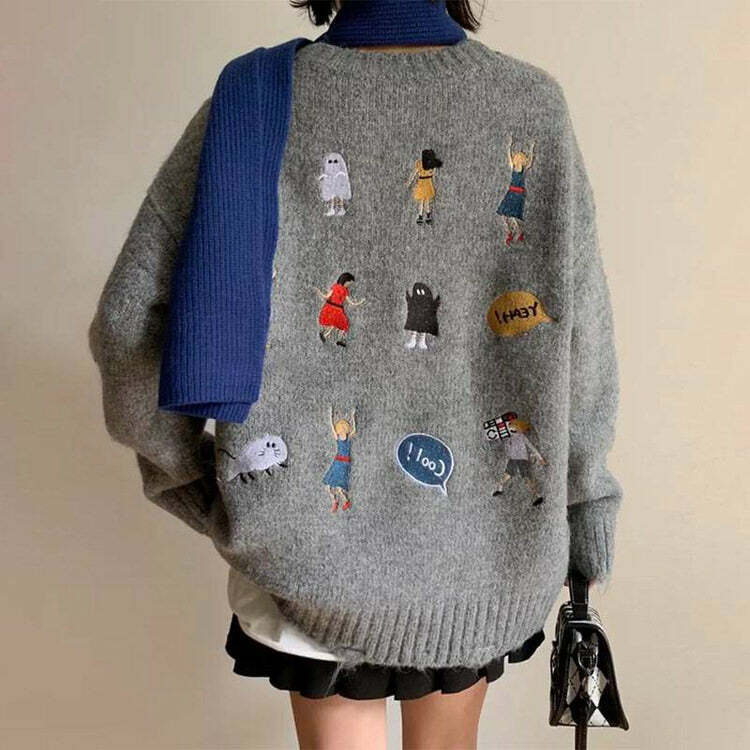 Y2K Fashion Embroidered Back Oversized Sweater - 2000s Style Essential