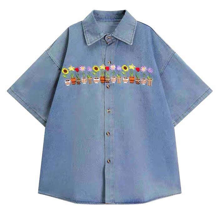 Y2K Fashion Embroidered Denim Shirt - Trendy 2000s Style Top