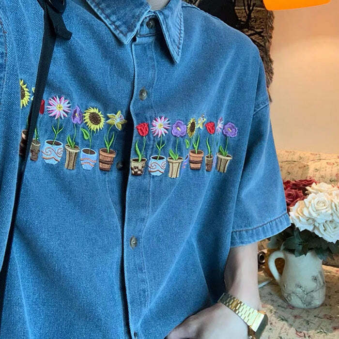 Y2K Fashion Embroidered Denim Shirt - Trendy 2000s Style Top