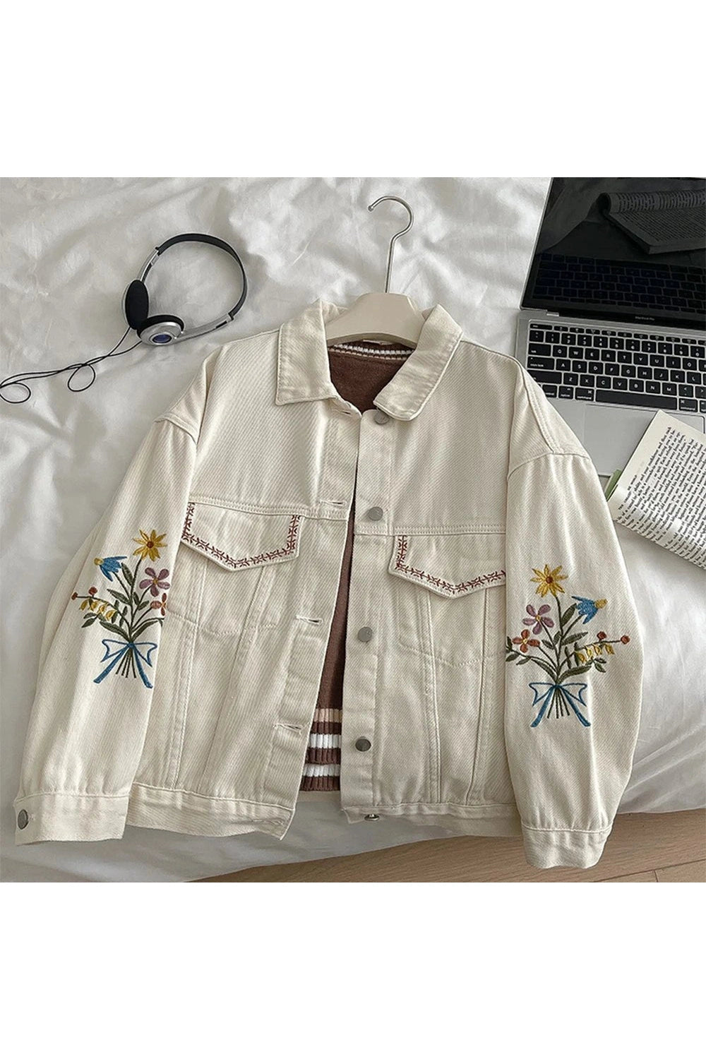 Y2K Fashion Embroidered Garden Denim Jacket - 2000s Style Essential