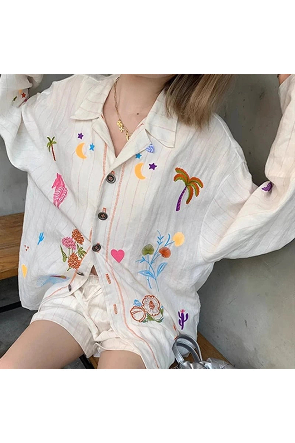 Y2K Fashion Embroidered Meadow Button-Up Shirt - 2000s Style Essential