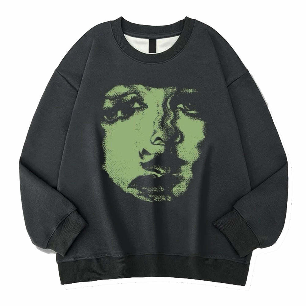 Y2K Fashion Face Print Grunge Oversized Sweatshirt - 2000s Style