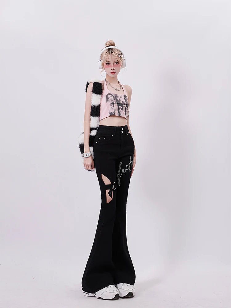 Y2K Fashion Faith Buckled Flare Pants - Trendy 2000s Style Statement