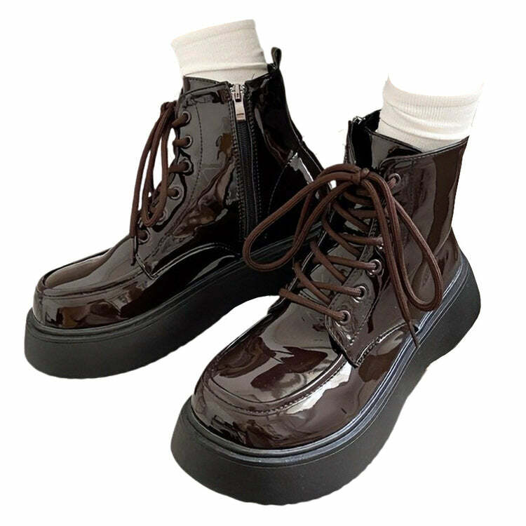 Y2K Fashion Fall Aesthetic Lacquered Lace Up Boots for Trendy Looks