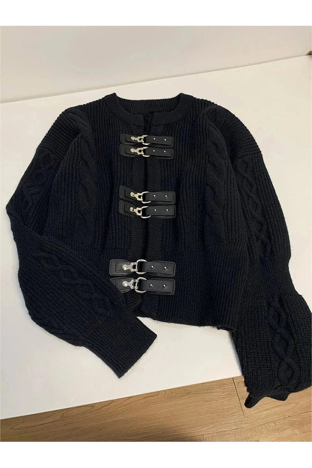 Y2K Fashion Fall Buckled Cable Knit Cropped Sweater - 2000s Style