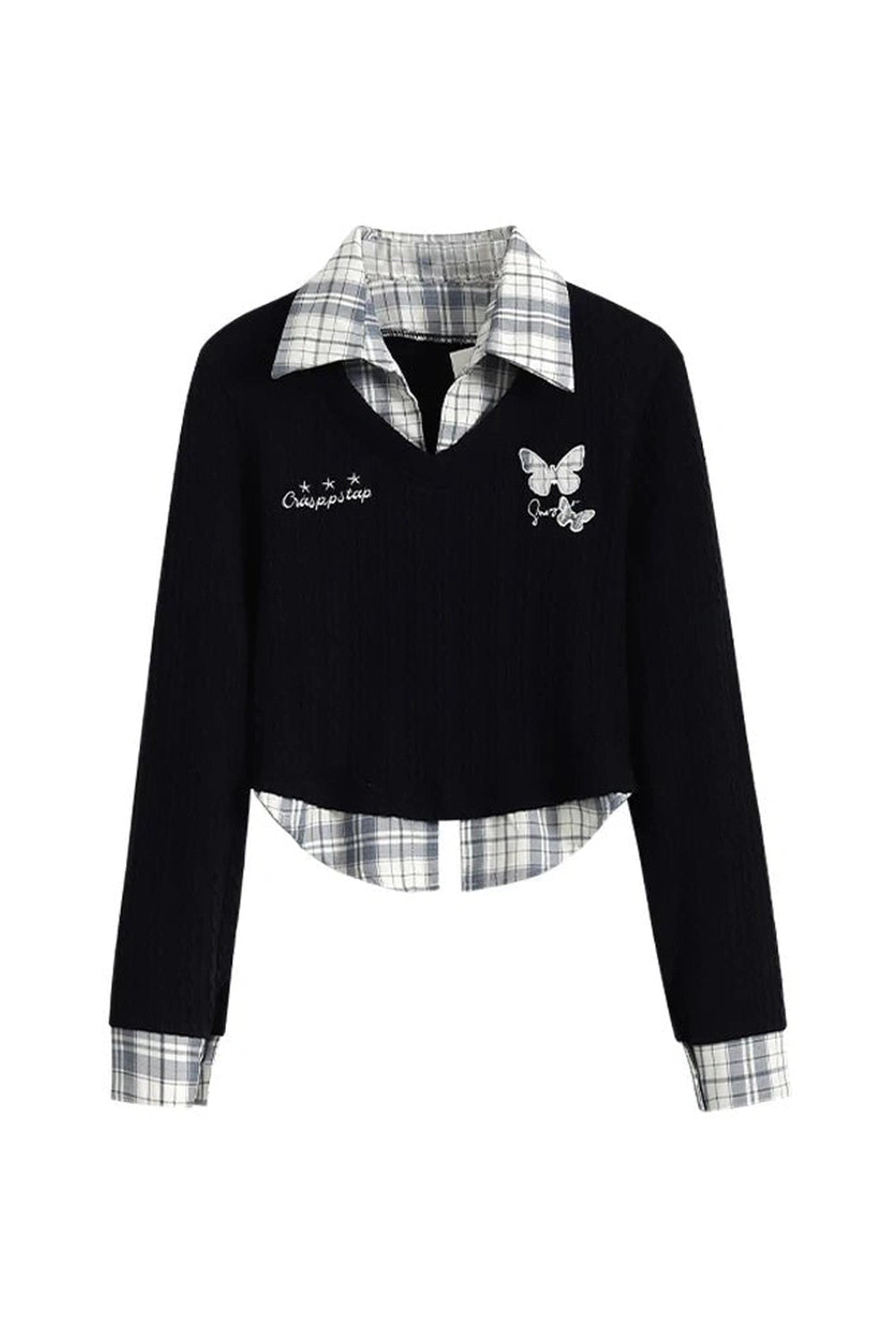 Y2K Fashion Fall Butterfly Embroidered Layered Preppy Sweater Outfit