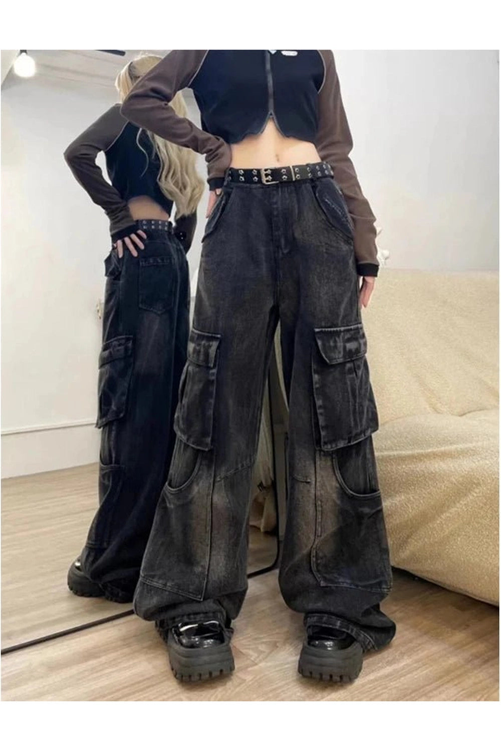 Y2K Fashion Fall Gothic Cargo Flare Jeans - 2000s Style Statement