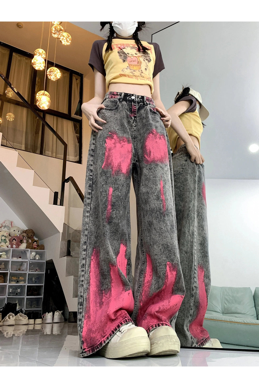 Y2K Fashion Fall Graffiti Splash Wide-Leg Jeans - 2000s Style Essential