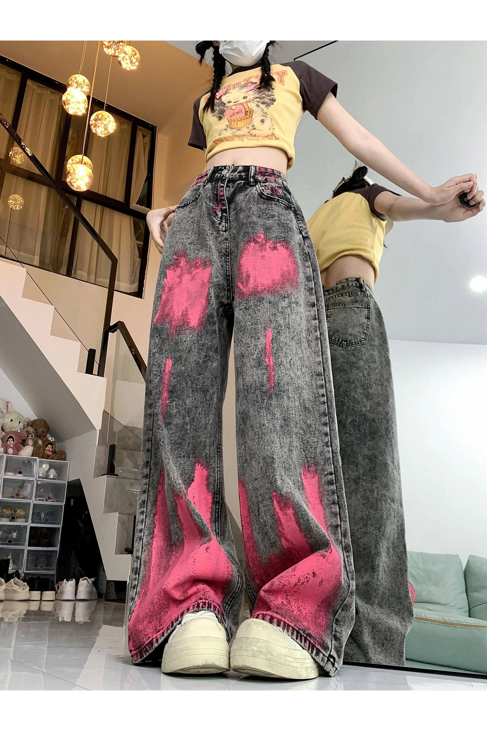 Y2K Fashion Fall Graffiti Splash Wide-Leg Jeans - 2000s Style Essential