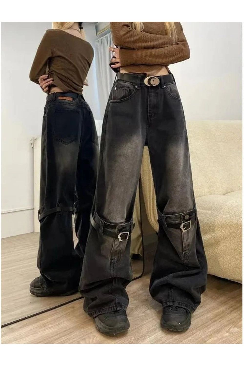 Y2K Fashion Fall Grunge Buckle Wide-Leg Jeans - 2000s Style Essential