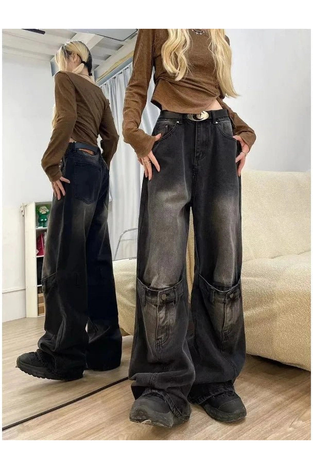 Y2K Fashion Fall Grunge Buckle Wide-Leg Jeans - 2000s Style Essential