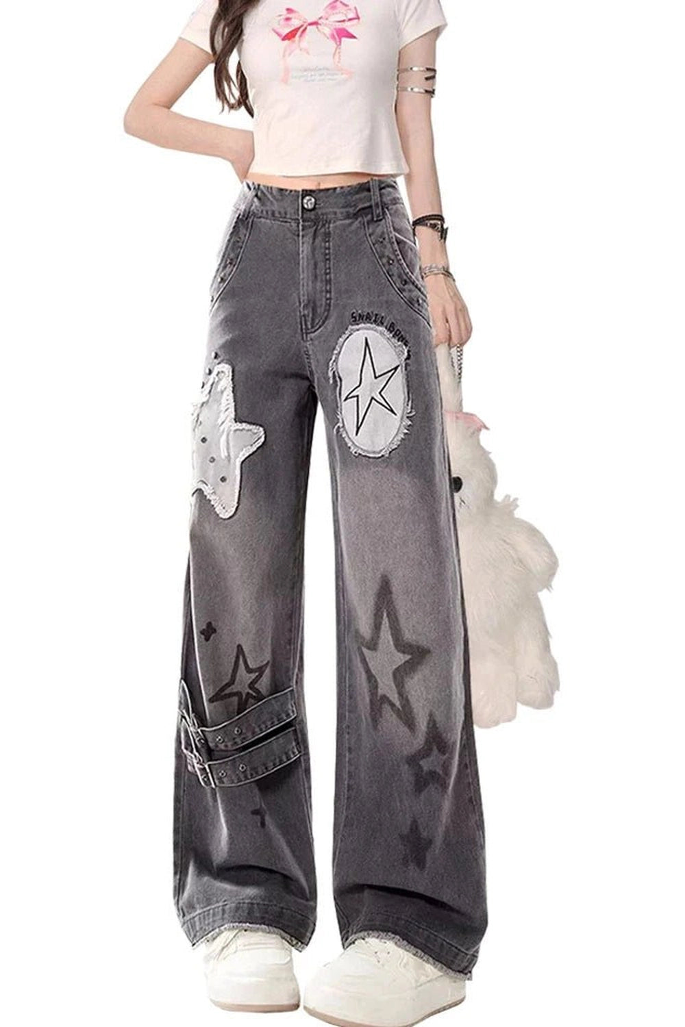 Y2K Fashion Fall Star Patchwork Wide-Leg Jeans - 2000s Style Statement