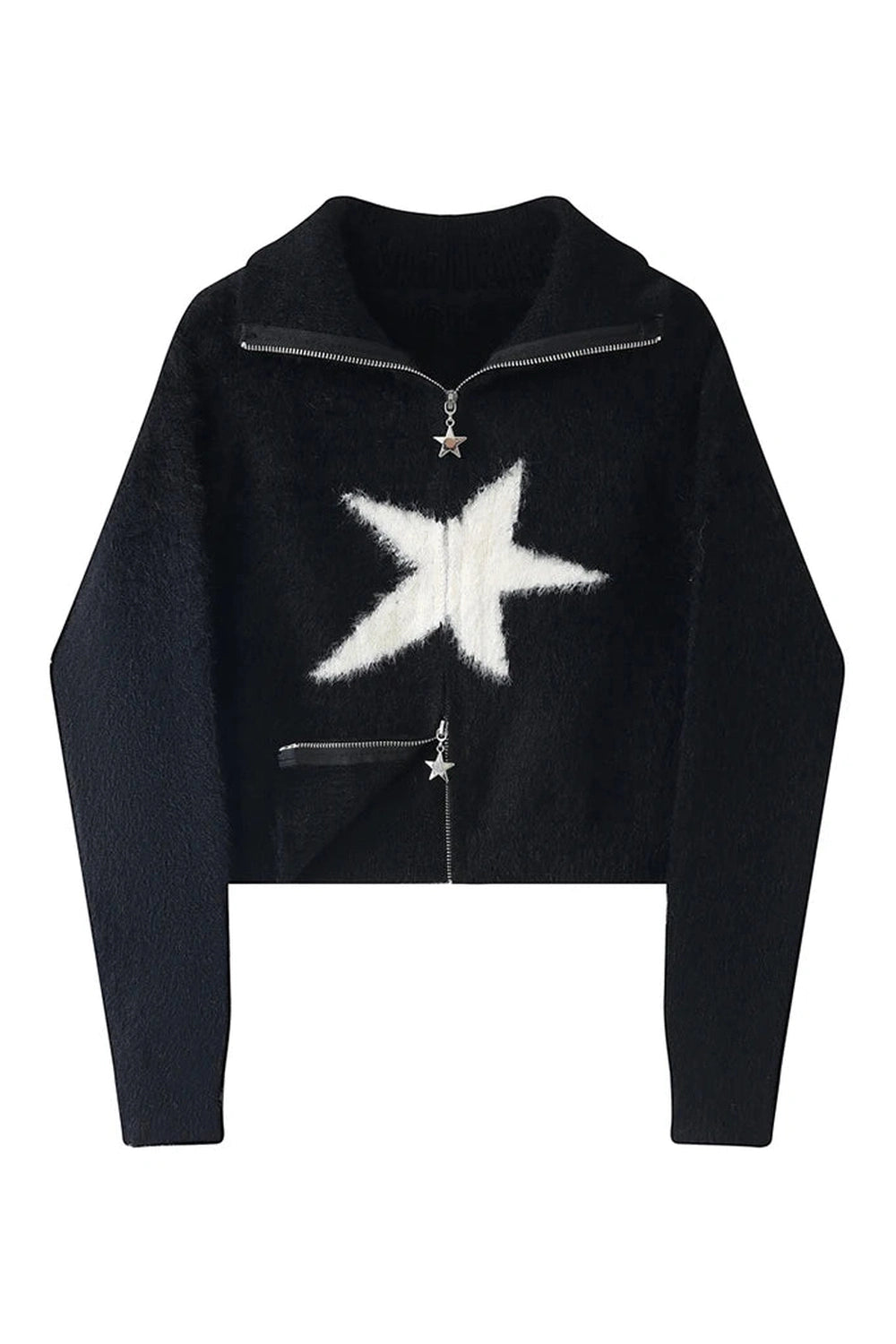 Y2K Fashion Fall Star Zip-Up Fuzzy Sweater - Cozy 2000s Style Essential