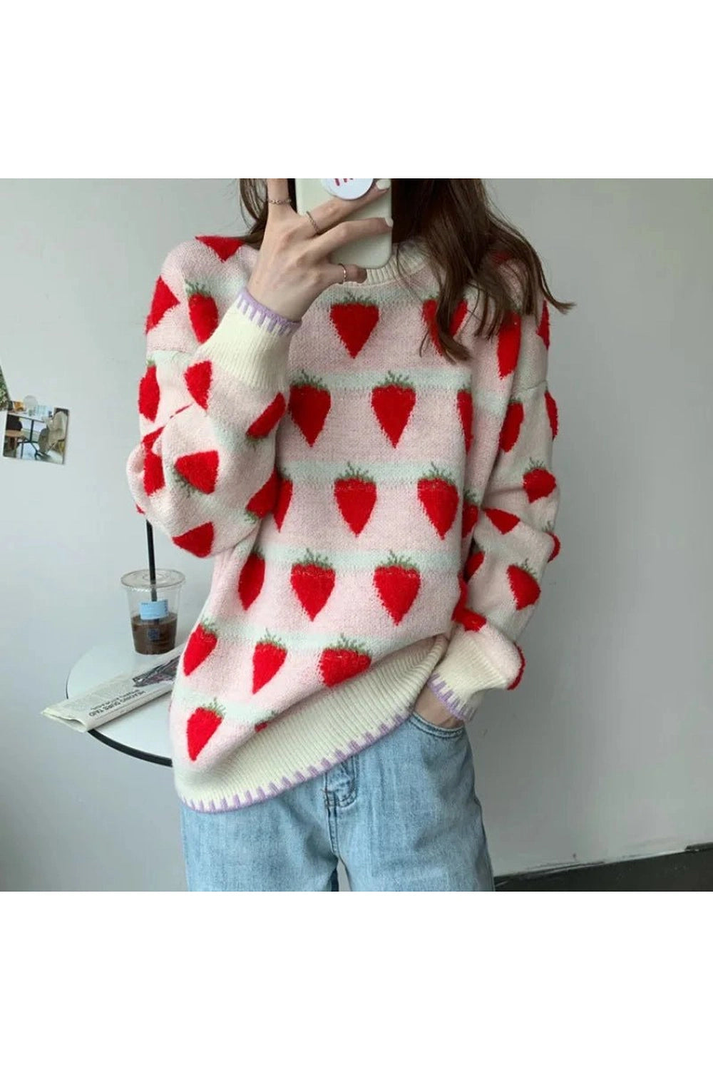 Y2K Fashion Fall Strawberry Fields Knit Sweater - 2000s Style Essential