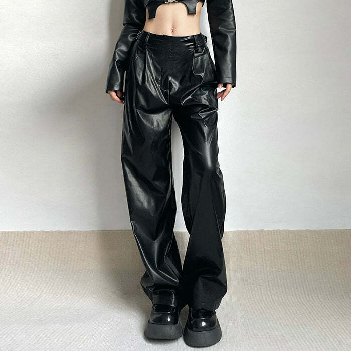 Y2K Fashion Faux Leather Grunge Pants - 2000s Style Statement Piece