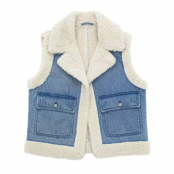 Y2K Fashion Faux Sherpa Lined Denim Vest - Trendy 2000s Style Essential